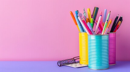Fototapeta premium Recycling tin cans into holder to contain pens pencils markers and other office supplies on pink and purple background