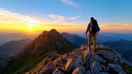 Fototapeta premium Hiker on Mountain Peak at Sunrise with Breathtaking View