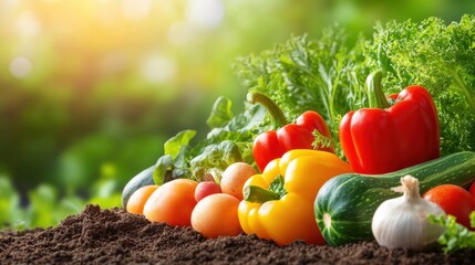 Close-up of organic vegetables on rich soil, vibrant colors symbolizing sustainability