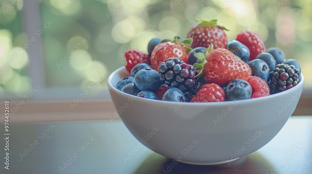 Wall mural a bowl of fresh berries with a blurry background.