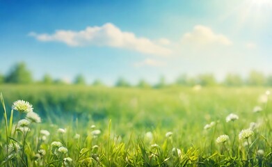nature background with sunny spring meadow blur background blue sky to green grass 