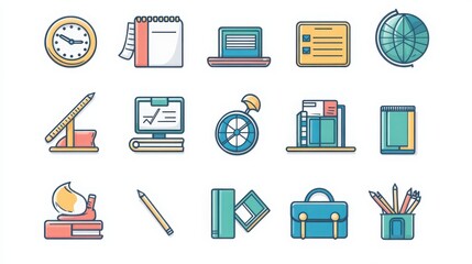 Classroom Learning thin line icon set. Containing chalkboard, teacher, students, desk, books, projector, ruler, backpack, school uniform, clock, pencils, globe, notebooks