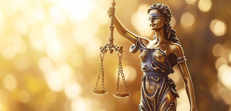 A blindfolded lady justice statue holds scales against a blurred golden backdrop, symbolizing fairness and the legal system