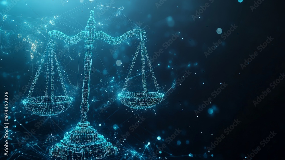Poster visualize a sophisticated digital justice network where holographic scales of justice are intertwine