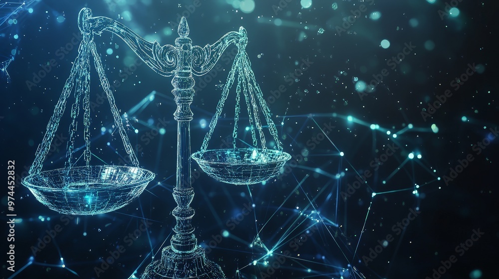 Poster visualize a sophisticated digital justice network where holographic scales of justice are intertwine
