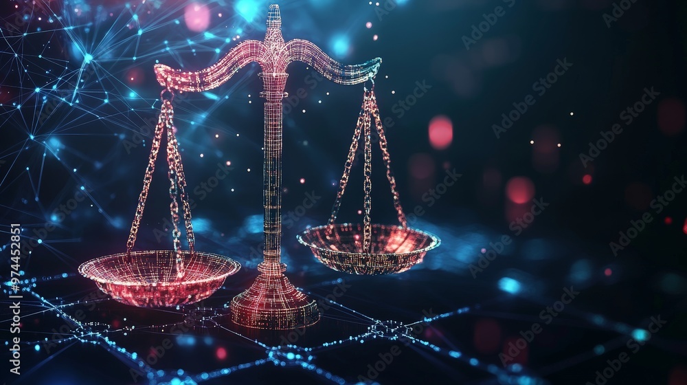 Poster visualize a sophisticated digital justice network where holographic scales of justice are intertwine