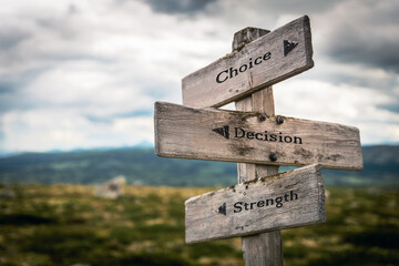 choice decision strength text quote on wooden directional signpost outdoors in nature