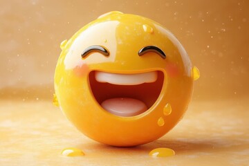 3d yellow laughing emoji with tears of joy hyperrealistic texture dynamic lighting expressive features on a glossy spherical form against a gradient background