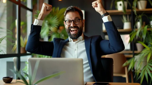 Excited professional celebrates achievement in modern office filled with greenery during daytime