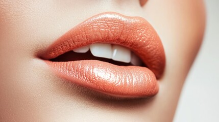 Perfectly contoured lips with a delicate peach color from a permanent makeup procedure, close-up of flawless, smooth skin.