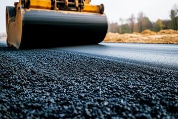 asphalt roller machine paving a new road with fresh asphalt in a construction site, roadwork infrastructure development in progress