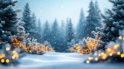 winter background - snow-covered Christmas tree with a garland with yellow light. Christmas trees in the snow, minimalistic light background, winter minimalistic landscape. copy space