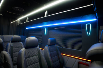 Comfortable interior of a passenger bus with soft seats. The design is made to order. Private...