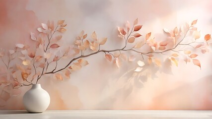 Painting of light reflection on wall with branch. Watercolor pastel colors aesthetic minimalism background with neutral style. Empty wall with color gradients as elegant and simple backdrop