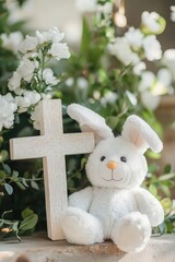 Obraz premium concept of christening baby plush rabbit. Selective focus