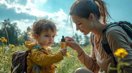 Fototapeta premium mother applies insect spray to the child. Selective focus
