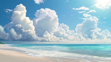 Obraz premium Visualize a dreamy beach scene with a sky filled with large, billowy clouds and a calm, clear ocean, inviting relaxation and providing a serene escape from daily life