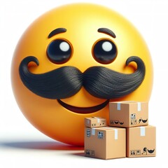 3D Happy one mustachioed emoji as a shipper , white background