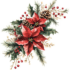 Watercolor Christmas poinsettia floral arrangement with pinecones, holly leaves, and red berries, festive holiday bouquet, winter decoration