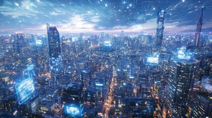 Fototapeta premium Visualize a futuristic cityscape where advanced digital technology seamlessly integrates into everyday life, with holographic displays and smart infrastructure illuminating the night sky