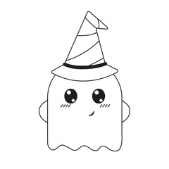 Cute ghost character with hat, halloween spooky monster, scary spirit on white background in outline style for halloween, icons, stickers