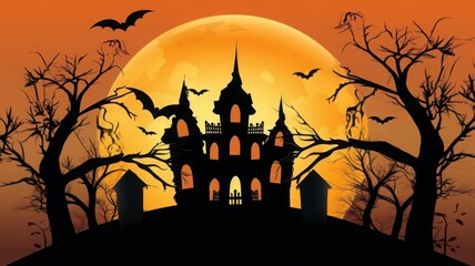 Minimalistic Halloween background with a haunted house, spooky trees, and full moon on orange sky. Vector illustration with space for text, high resolution and detail