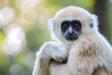 Obraz premium A young white-furred gibbon sits quietly on a log, its dark expressive eyes staring ahead, surrounded by soft shadows and a serene, natural setting.