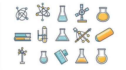 Obraz premium Science Education thin line icon set. Containing test tubes, microscope, atom, lab equipment, science books, chemical flask, experiment, DNA, scientific research, periodic table