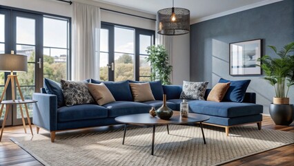 Interior of living room with blue sofa 3d rendering
