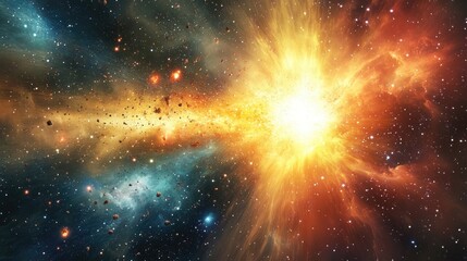 A creative visual of the Big Bang, with particles and galaxies forming in an explosion of light and energy.