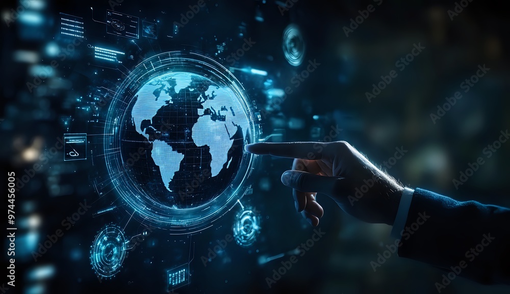 Poster hand interacting with a digital globe interface.