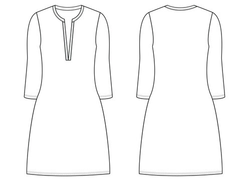 Women kurta Dress tunic technical fashion 
illustration with elbow sleeves, Flat apparel front, back, 