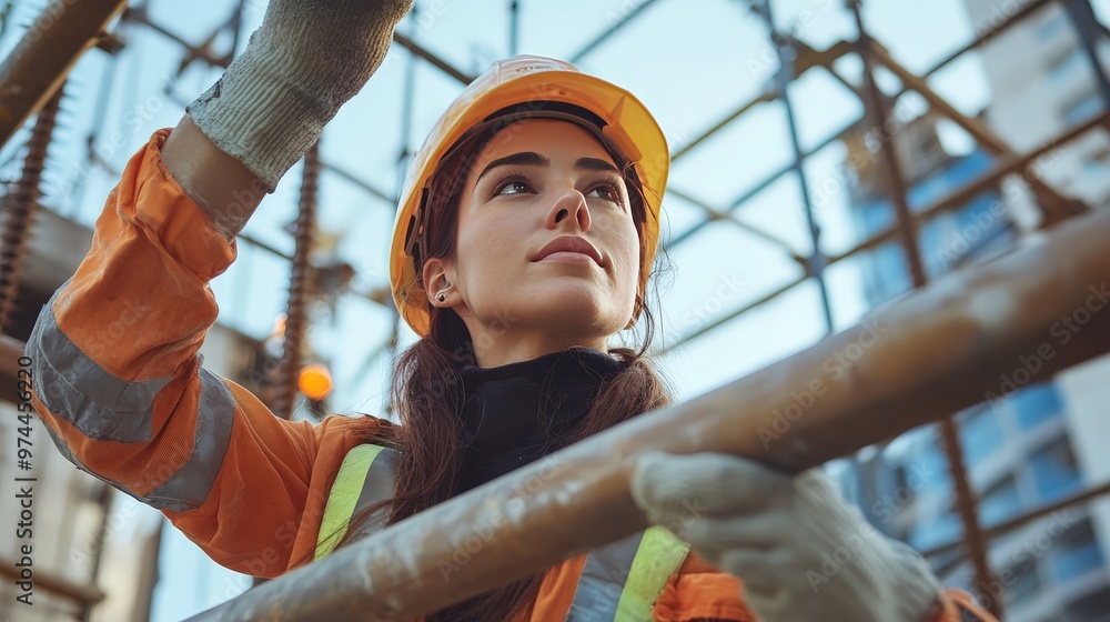 Poster visualize a woman construction worker setting up scaffolding, showing her role in ensuring safe and 