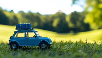 A charming blue toy car with a roof rack, set in a picturesque green field, perfect for conveying adventure and freedom.
