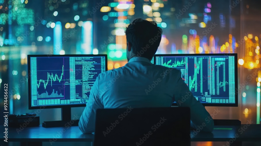 Poster a businessman analytics stock market on display computer on table,shot from behind over shoulder,gen