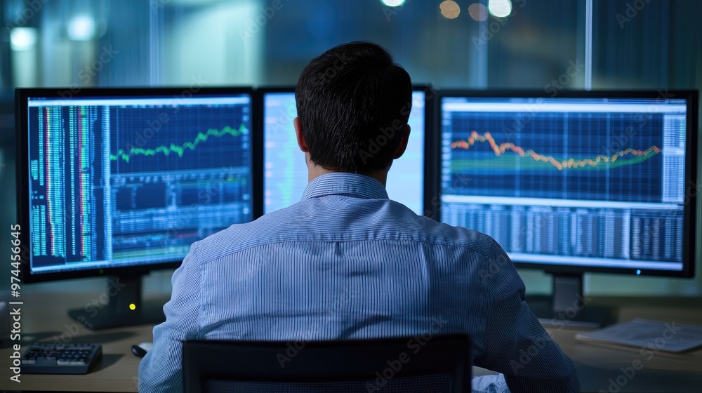 Poster a businessman analytics stock market on display computer on table,shot from behind over shoulder,gen