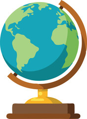 A detailed globe representation on a wooden stand illustrates the Earth's continents and oceans