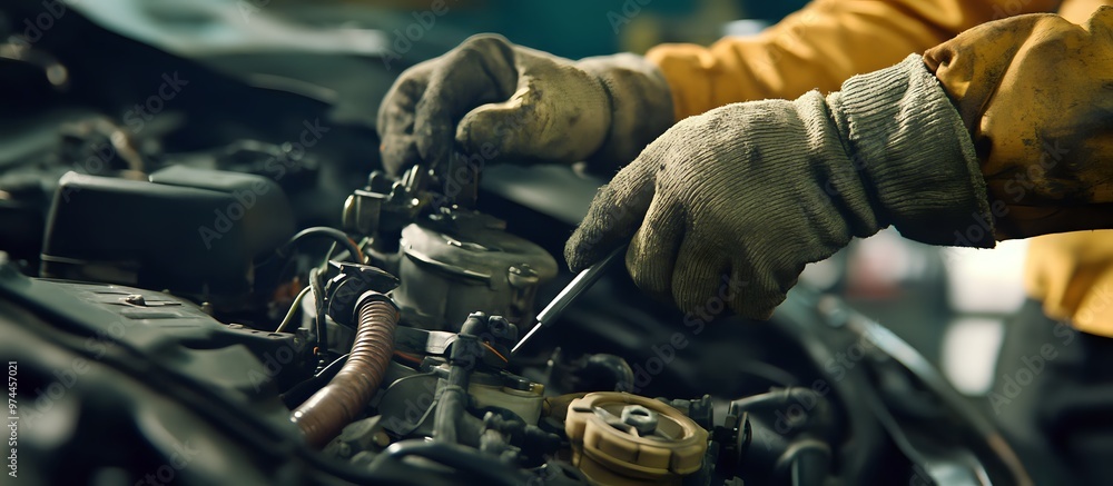 Poster mechanic fixing an engine with a screwdriver in hand.