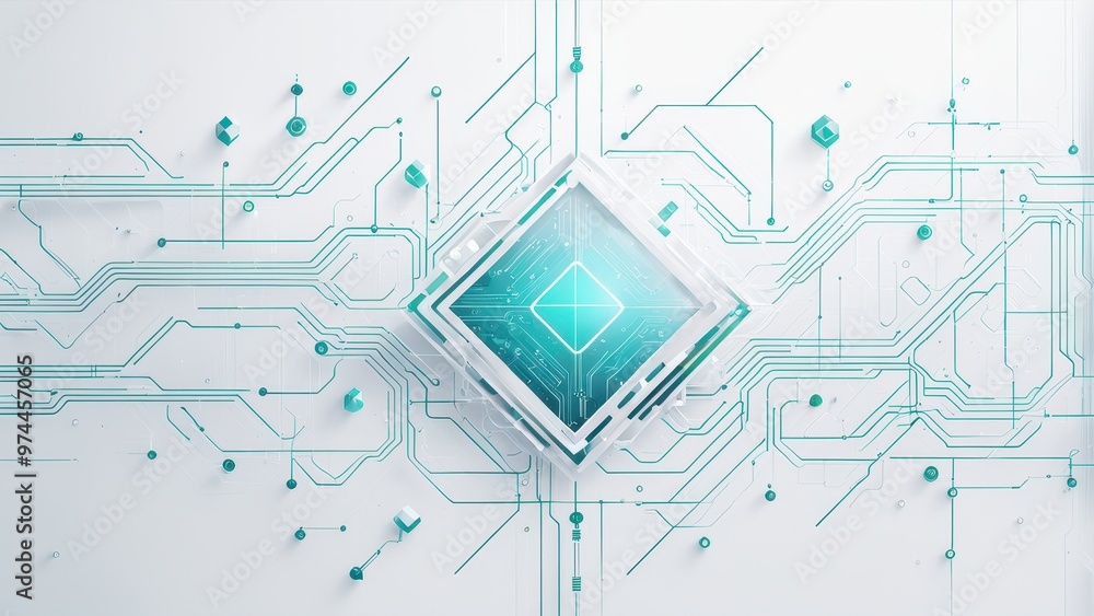 Aufkleber a futuristic digital design featuring a glowing diamond shape amidst a circuit pattern.