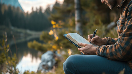 Man Writing by Lakeside in the Mountains