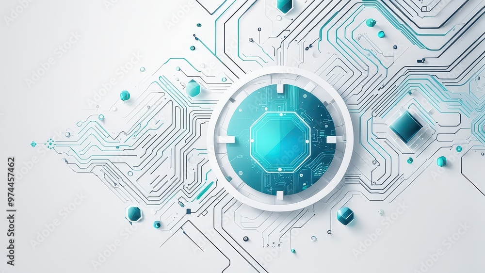 Poster a futuristic design featuring a circular interface with circuit patterns and geometric shapes, symbo