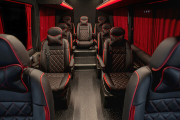 Comfortable interior of a passenger bus with soft seats. The design is made to order. Private...