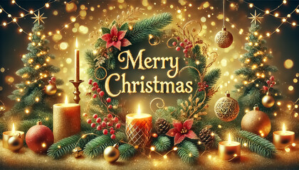 Merry Christmas text on green and red New Year decorations and glitter background,