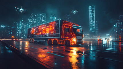 A city skyline at night with autonomous delivery trucks and drones transporting goods through smart roads and air routes, with glowing holographic maps and data overlays visible. The urban setting 