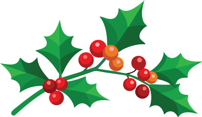 Fototapeta premium A holly branch with green leaves and red and orange berries.