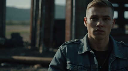 A man wearing a denim jacket stands before a building, gazing at the camera with an engaging look