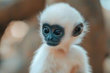 A young, white-furred monkey with large, expressive eyes gazes thoughtfully amidst softly blurred green foliage, bathed in warm sunlight.