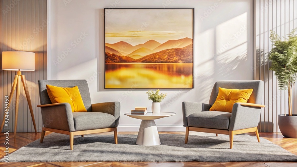 Wall mural Two armchairs in room with white wall and big frame poster on it. Scandinavian style interior design of modern living room. 
