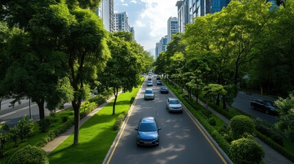 Modern eco-friendly city with clean air and abundant green spaces, emphasizing natures role in reducing air pollution