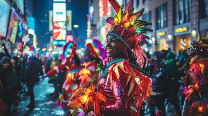 Naklejka premium Picture a vibrant New Year's parade marching down a busy city street. Floats decorated with colorful lights and dancers in elaborate costumes move rhythmically to the beat of lively music. 